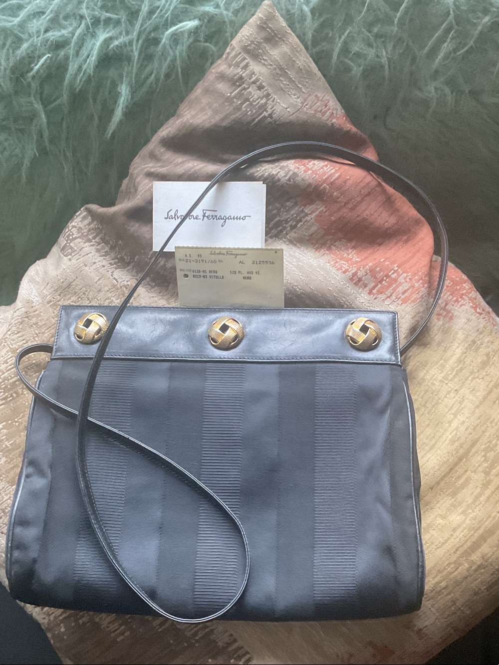 Auth.Salvatore Ferragamo Black Striped  crossbody  Bag with Gold Gancini Accents